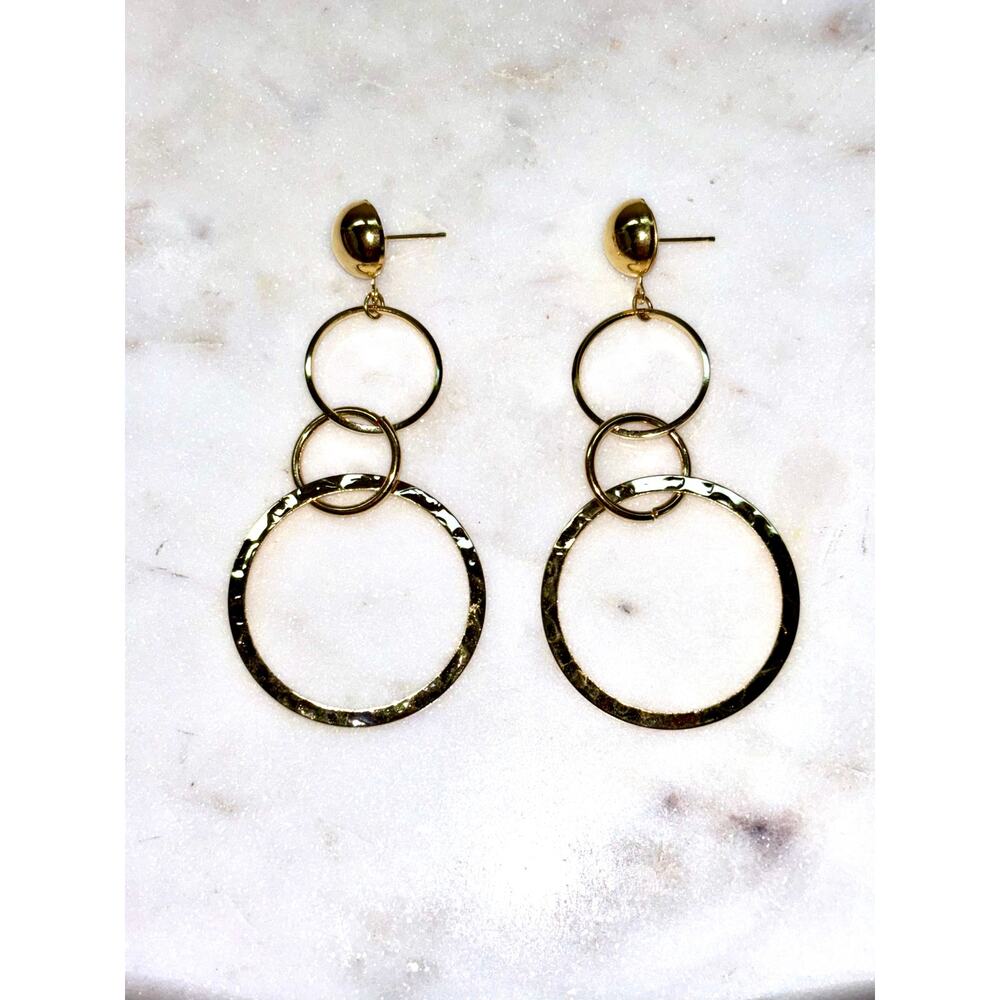 Elegant Gold Tone Hammered Triple Hoop Dangle Earrings